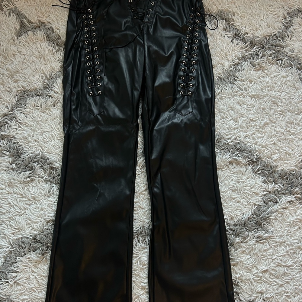 Amazon Black Lace-Up Faux Leather Pants